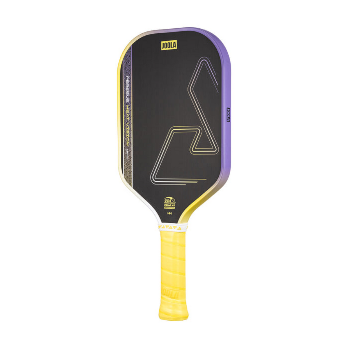 Pickleball paddle with black face, yellow handle, and purple accents on a white background