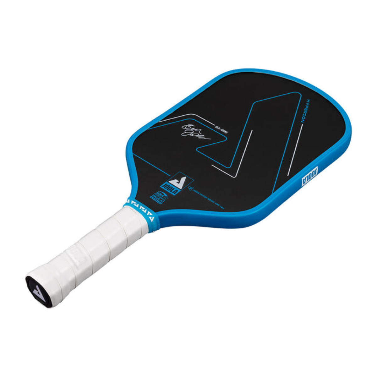 Blue and black pickleball paddle with white handle on a white background