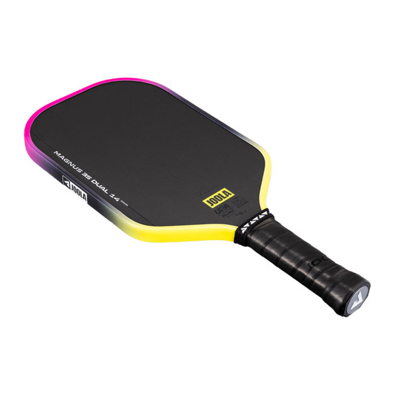Pickleball paddle with pink rim and yellow accents on a white background