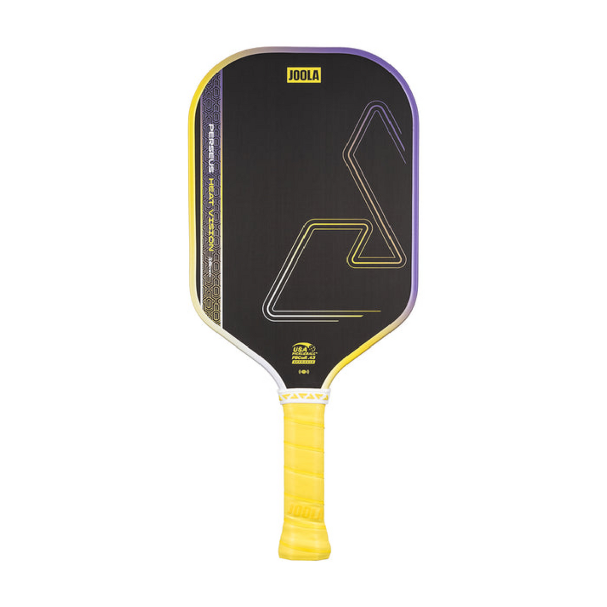 Pickleball paddle with black surface and yellow handle on a white background
