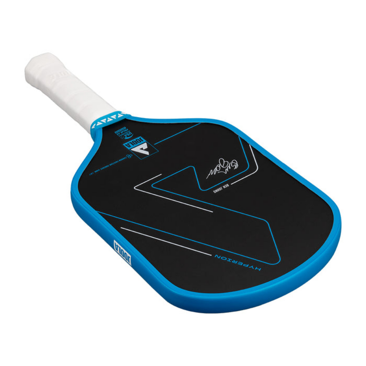 Pickleball paddle with blue rim and black surface on a white background