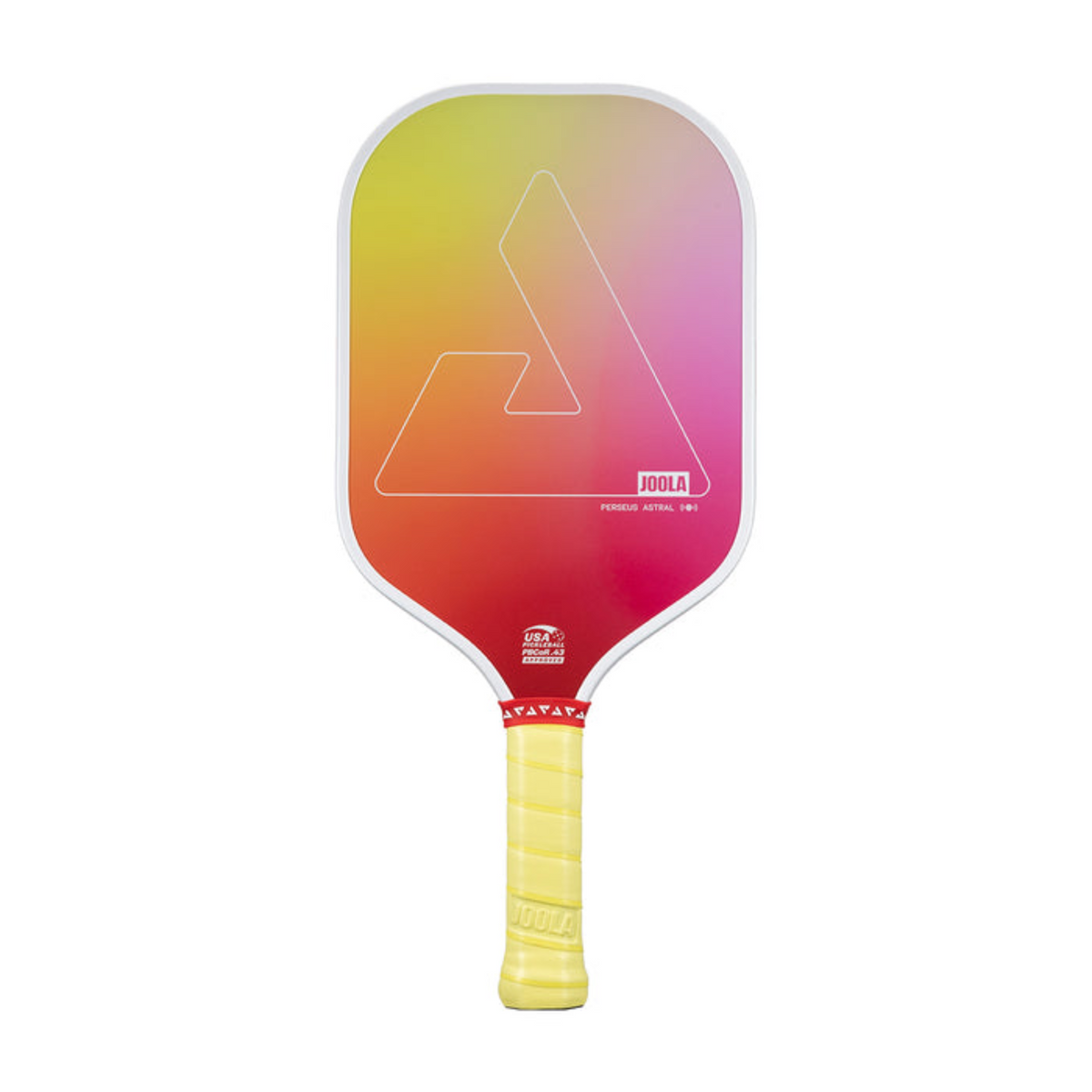 Colorful pickleball paddle with a gradient design on a white background