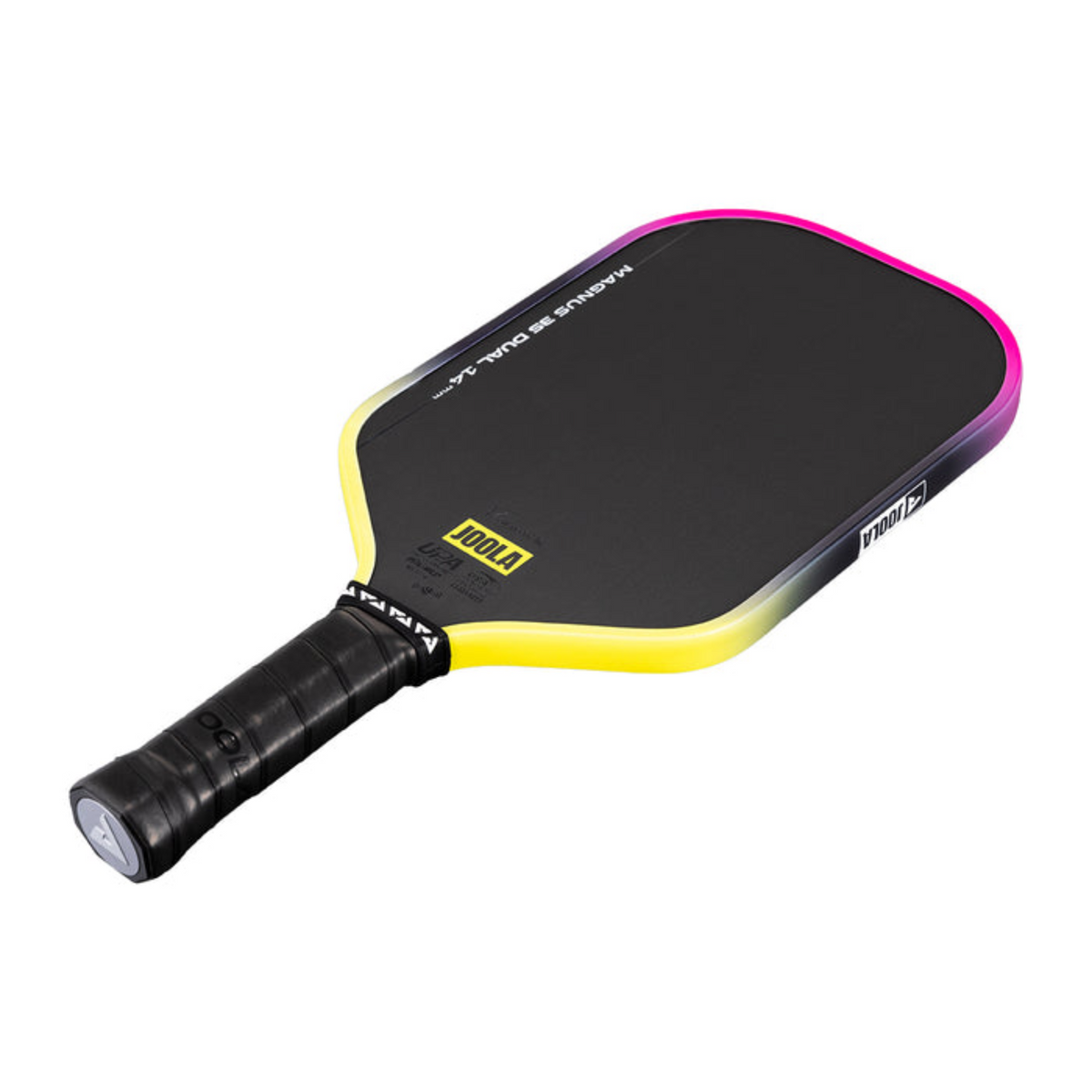 Pickleball paddle with black and yellow design on a white background