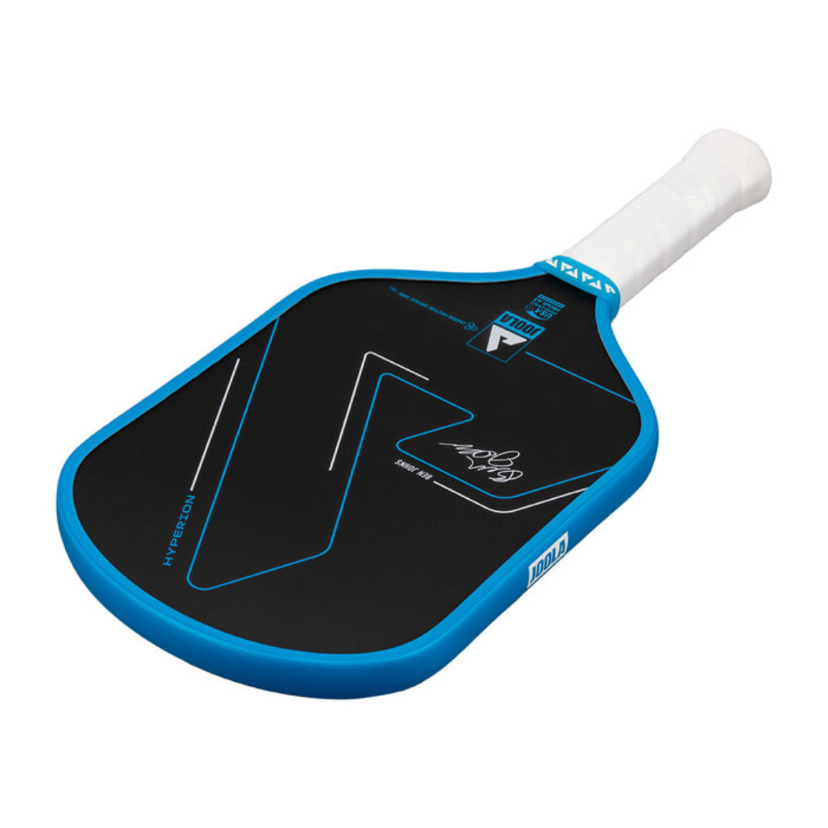 Blue and black pickleball paddle with white handle on a white background