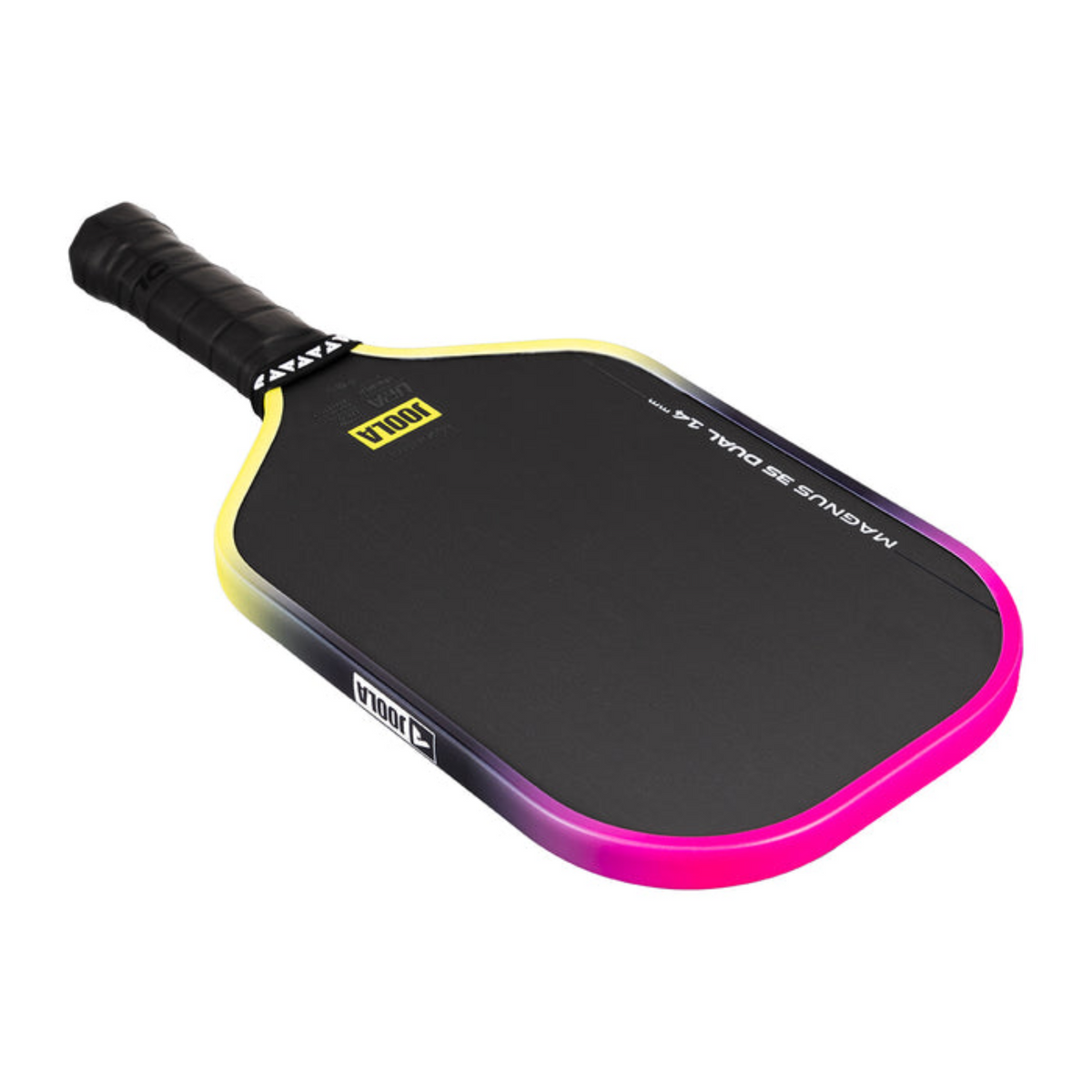 Pickleball paddle with black, yellow, and pink design on a white background