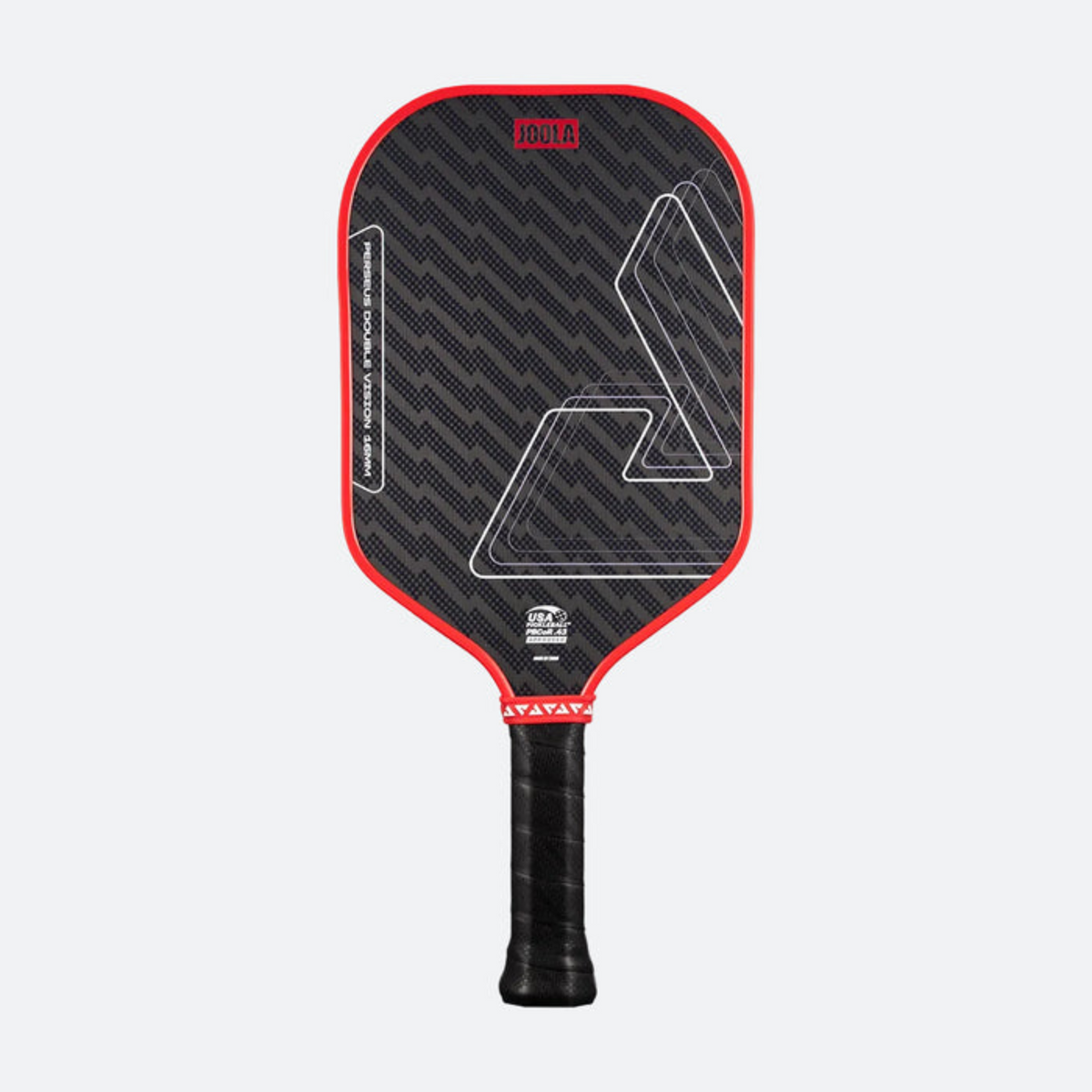 Pickleball paddle with black and red design on a white background