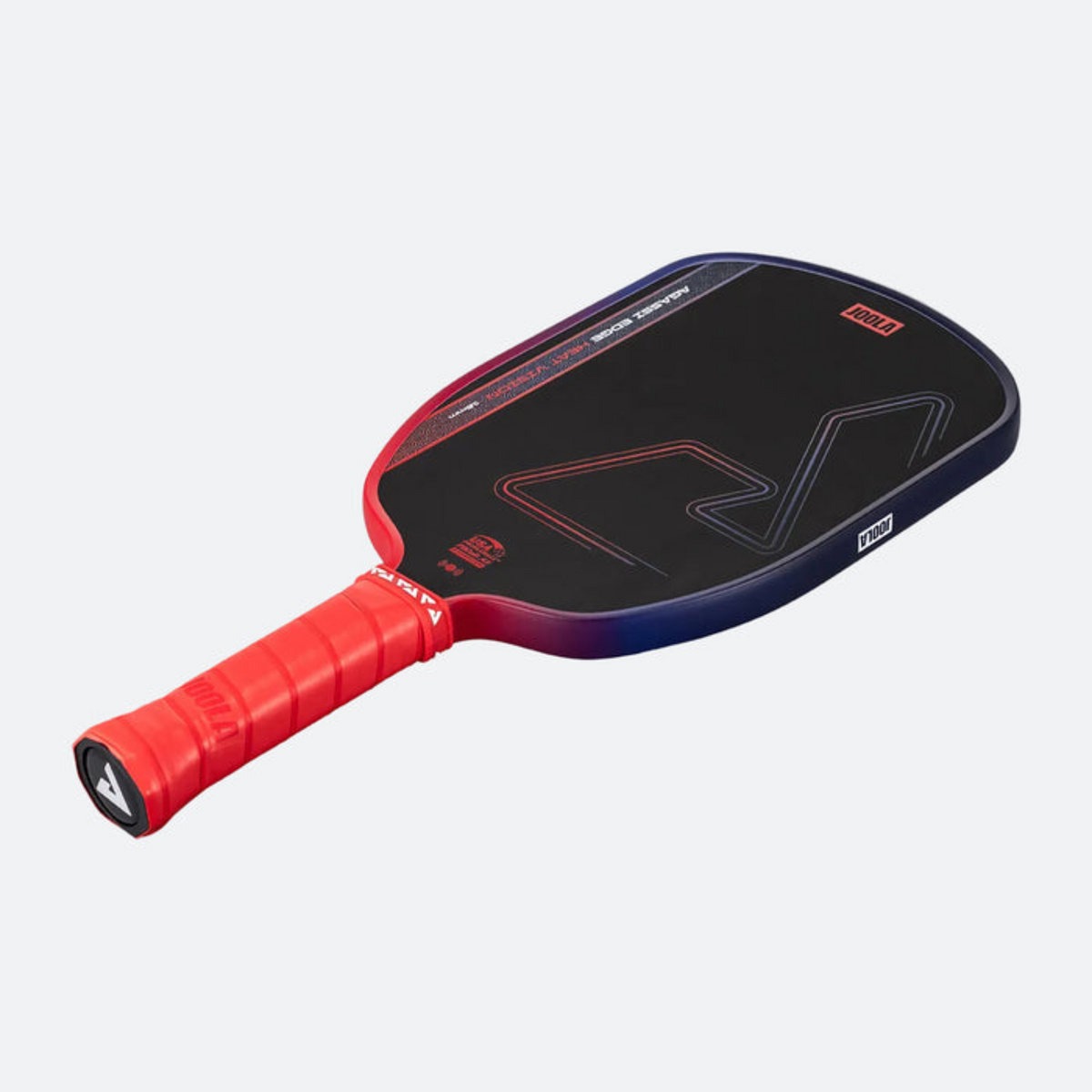 Red and black pickleball paddle on a white background