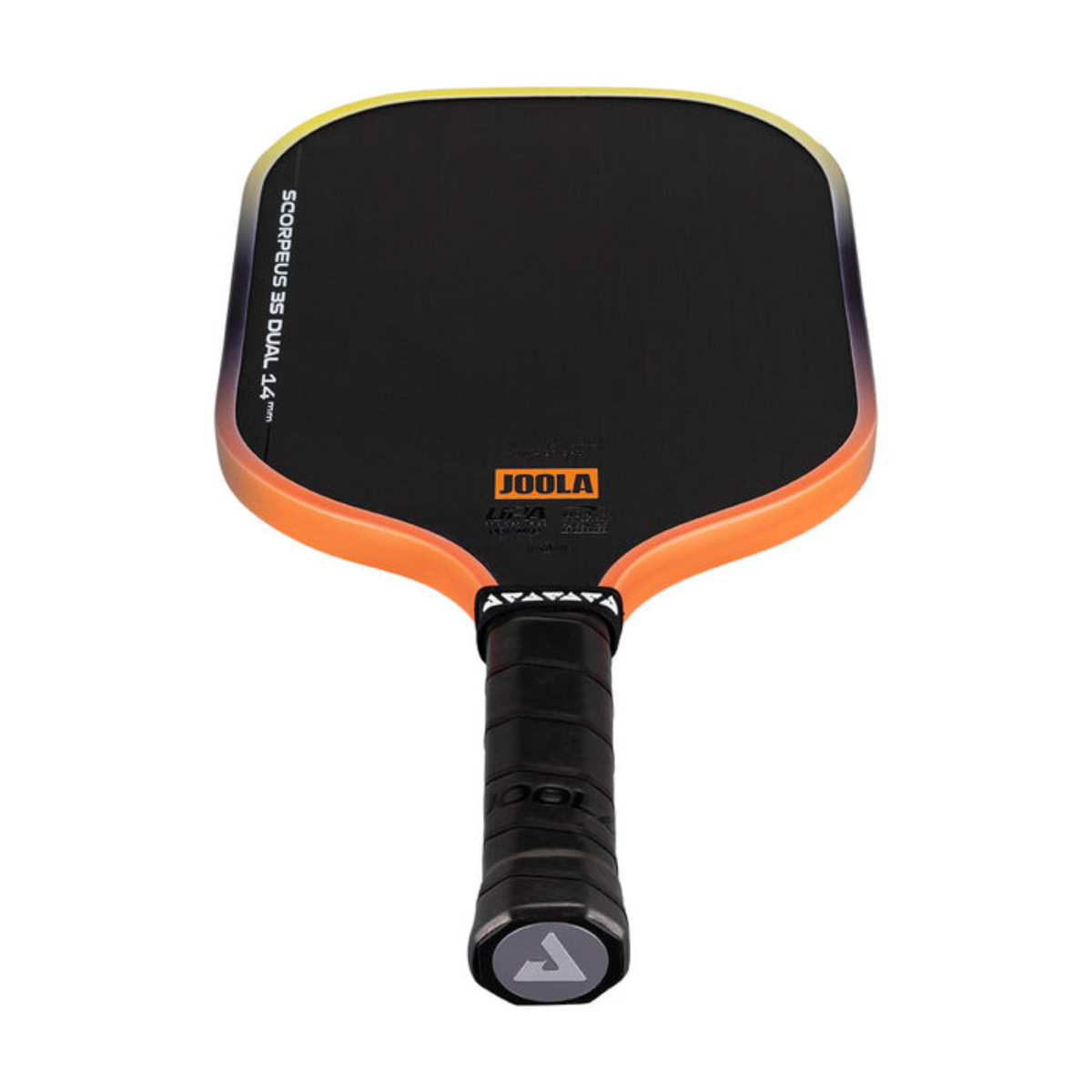 Orange and black pickleball paddle with Joola branding on a white background
