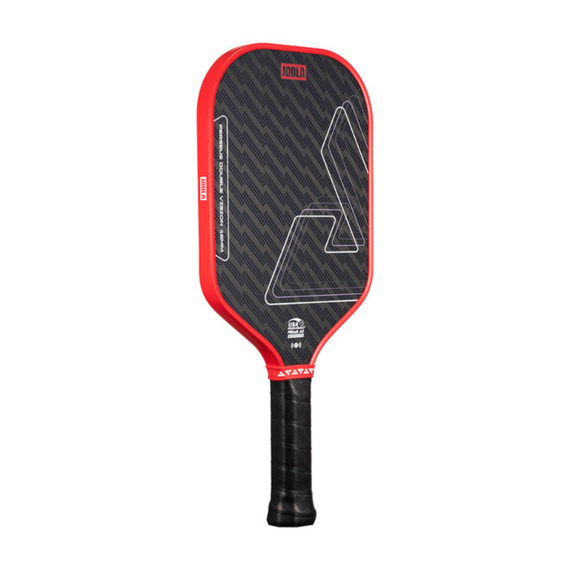 Black and red pickleball paddle on a white background