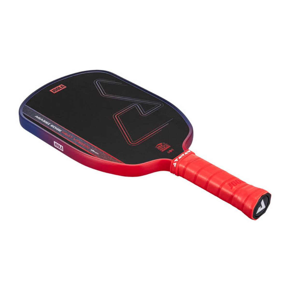 Red and black pickleball paddle on a white background