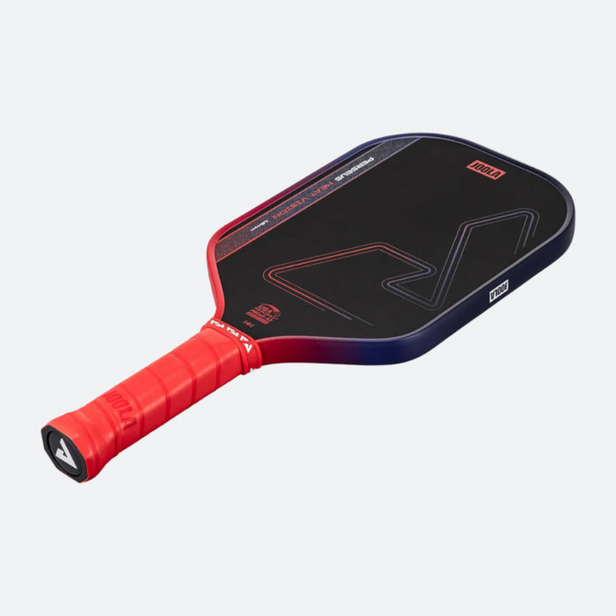 Black and red pickleball paddle on a white background