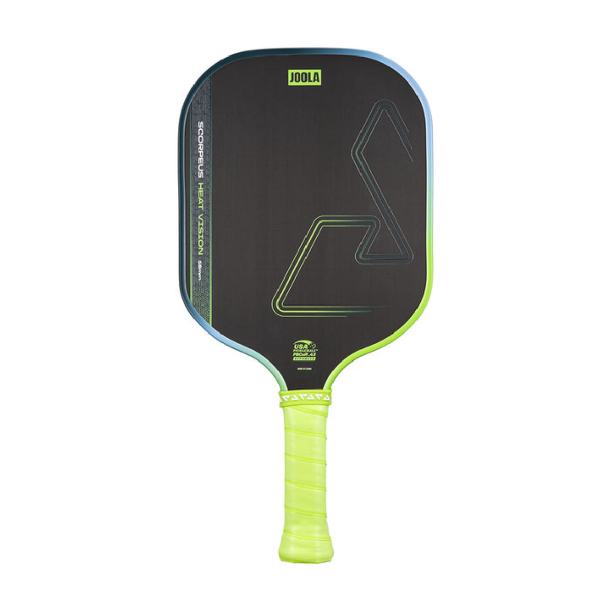 Pickleball paddle with black face and green handle on a white background