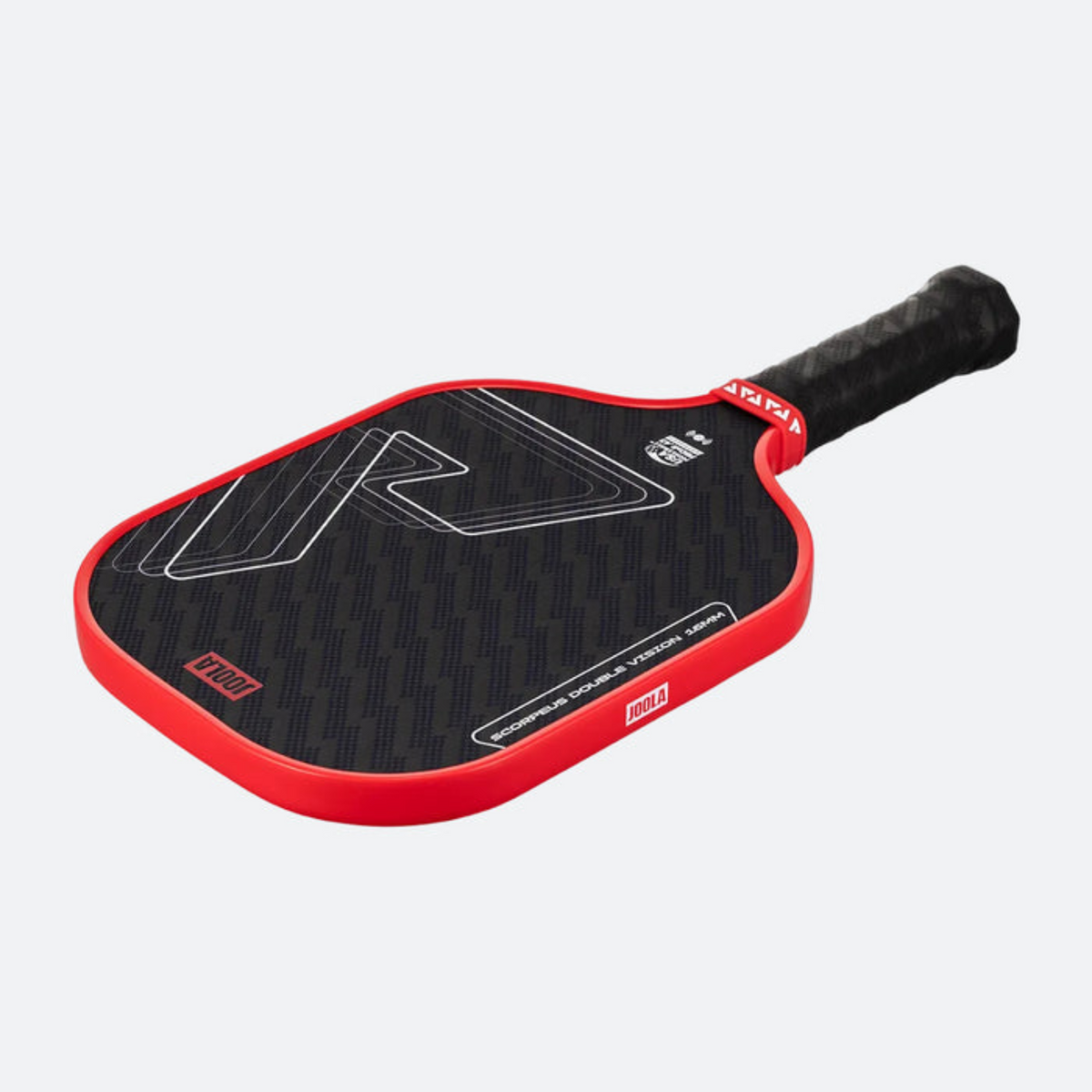 Red and black pickleball paddle on a light gray background