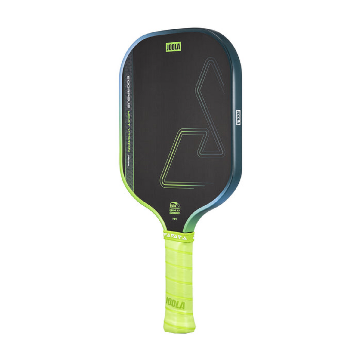 Pickleball paddle with black face and green handle on a white background