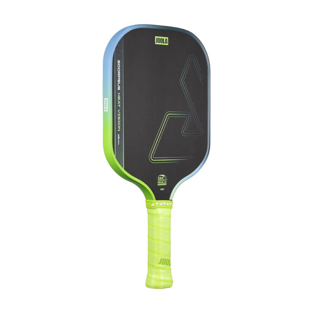 Pickleball paddle with black and green design on a white background