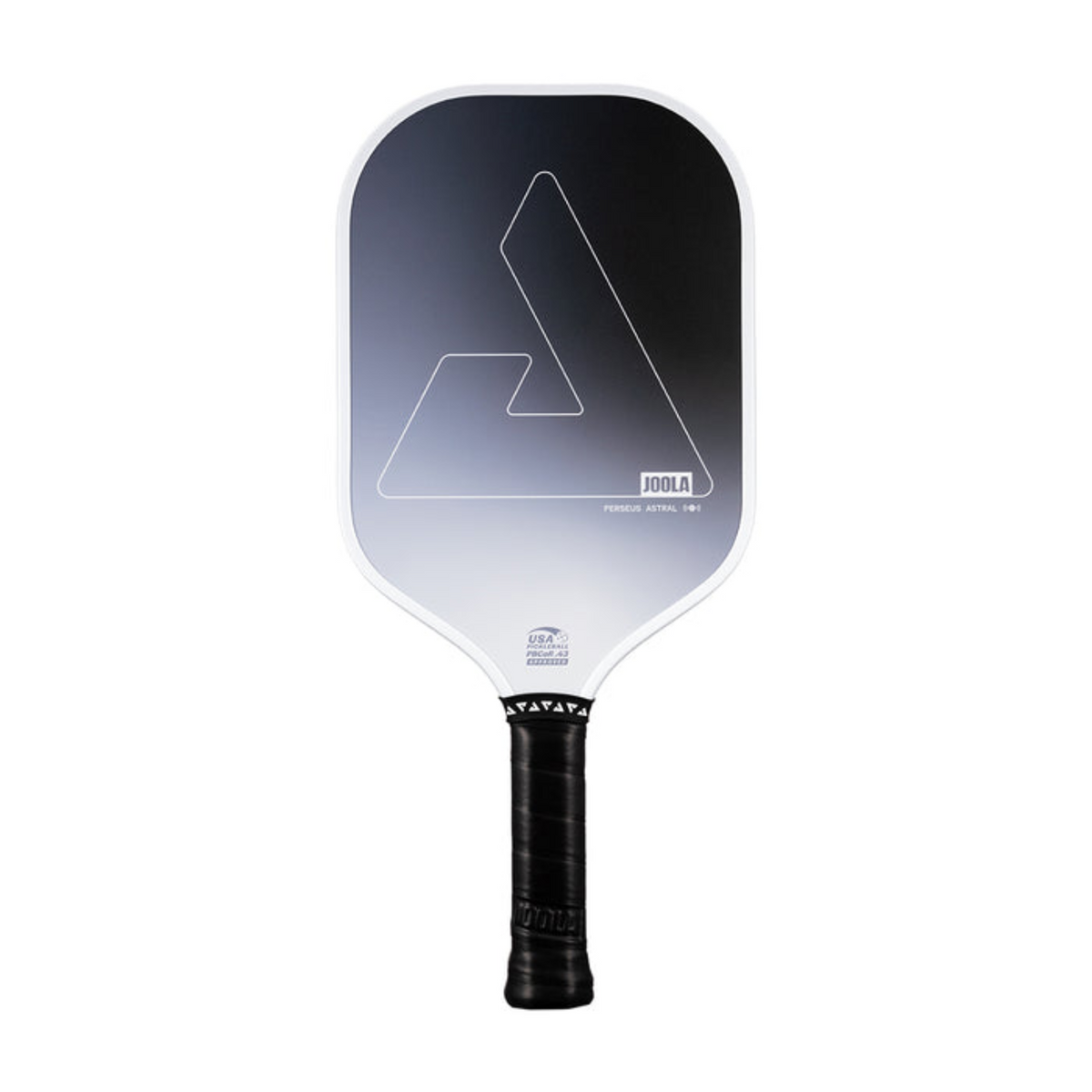 Pickleball paddle with gradient design and brand logo on a white background