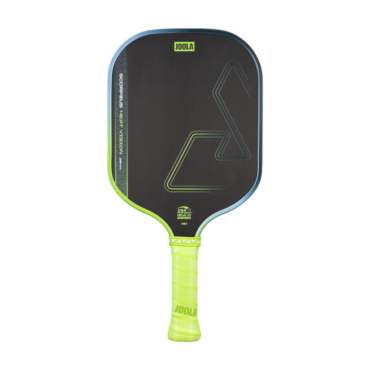Pickleball paddle with black face and green handle on a white background