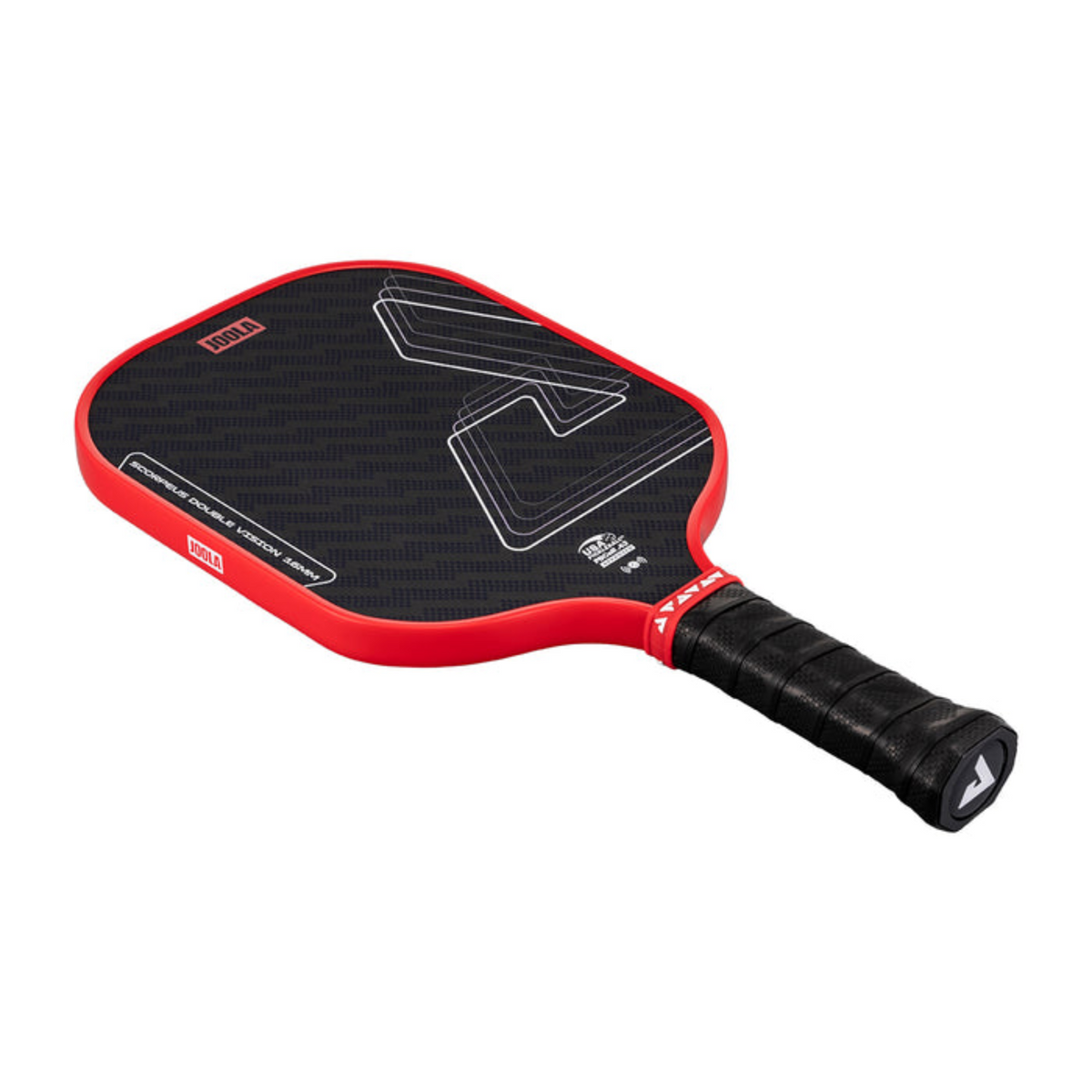 Red and black pickleball paddle on a white background