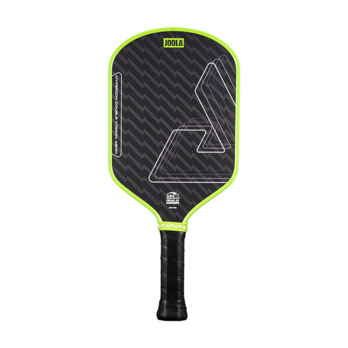 Pickleball paddle with black and green design on a white background