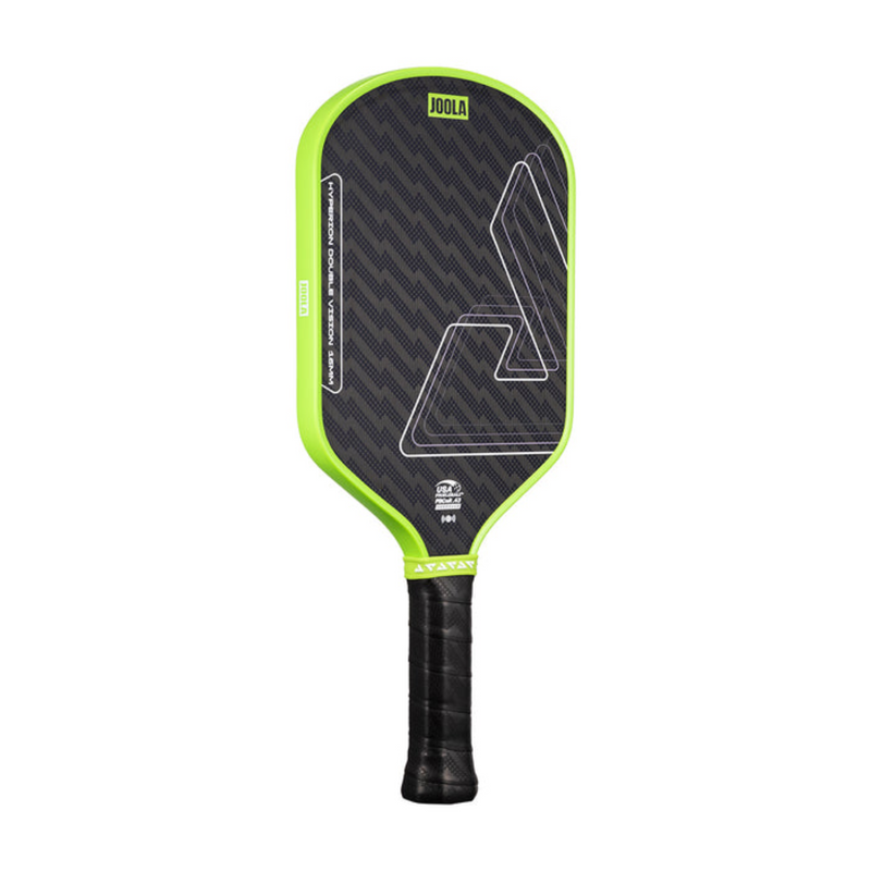 Pickleball paddle with green rim and black back on a white background