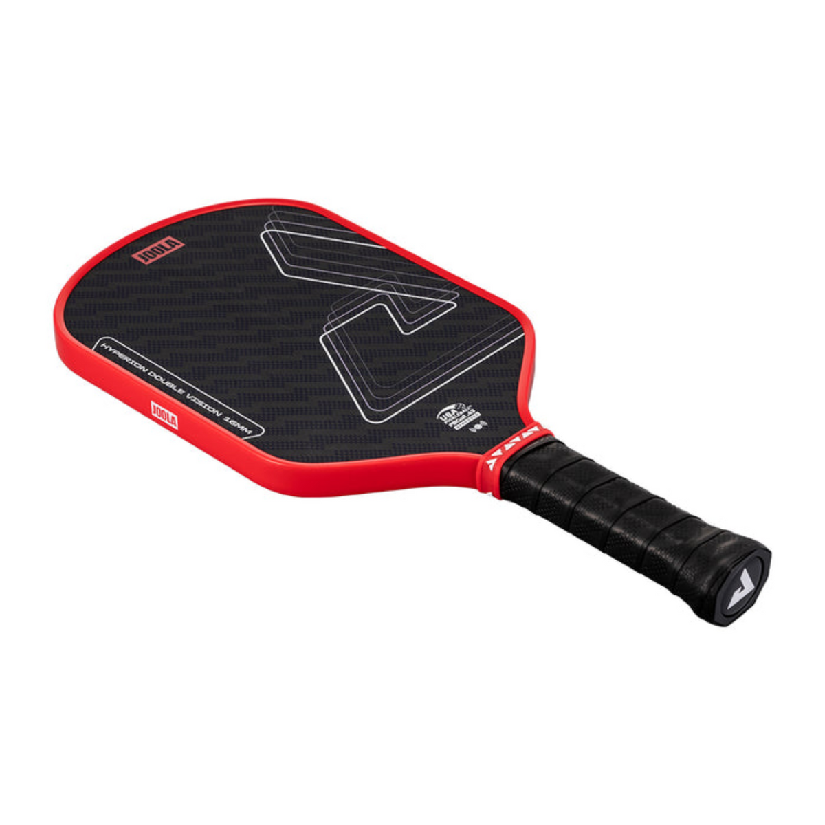 Red and black pickleball paddle on a white background