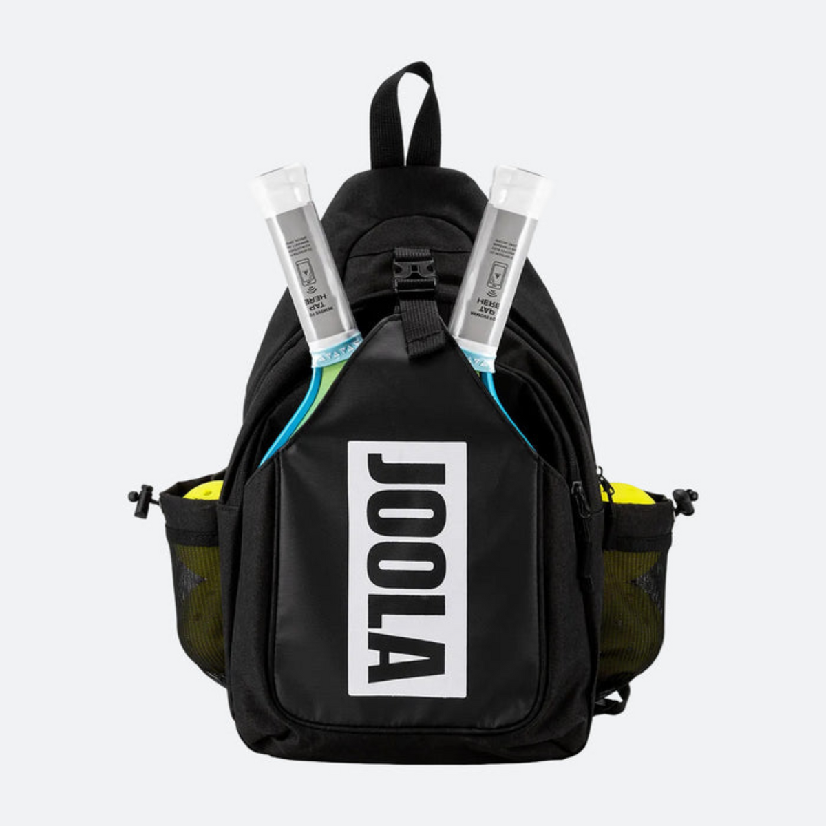 Black backpack with Joola logo and tennis rackets on a white background