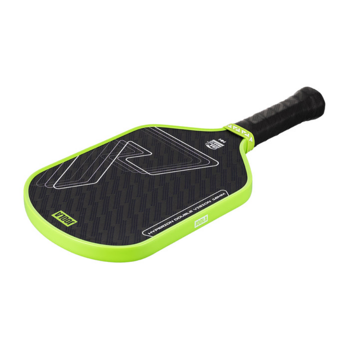 Pickleball paddle with black and green design on a white background
