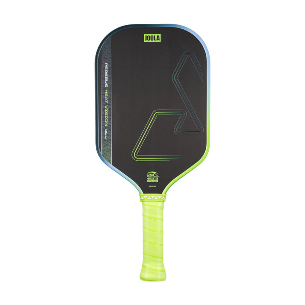 Pickleball paddle with black face and green handle on a white background