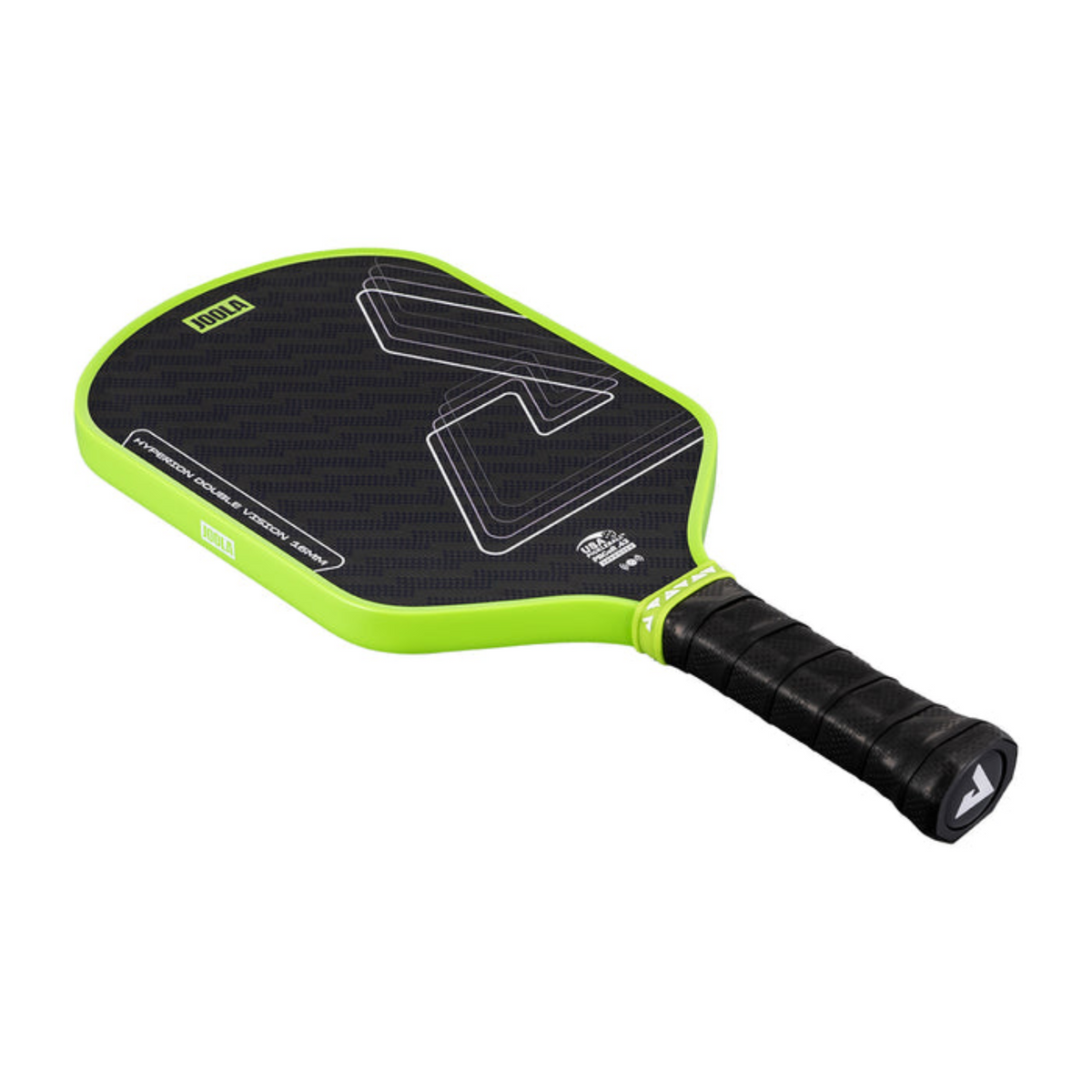 Pickleball paddle with black and green design on a white background