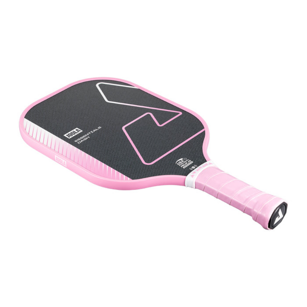Pink pickleball paddle with black face on a white background