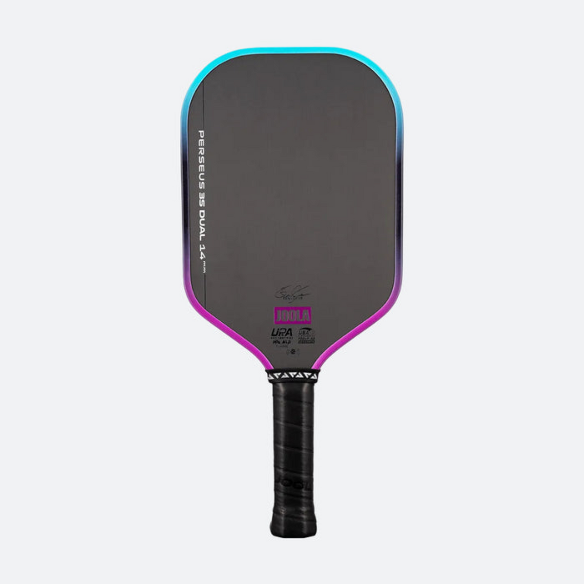 Pickleball paddle with black, purple, and blue design on a light gray background