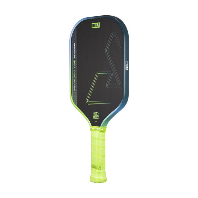 Pickleball paddle with black face and green handle on a white background