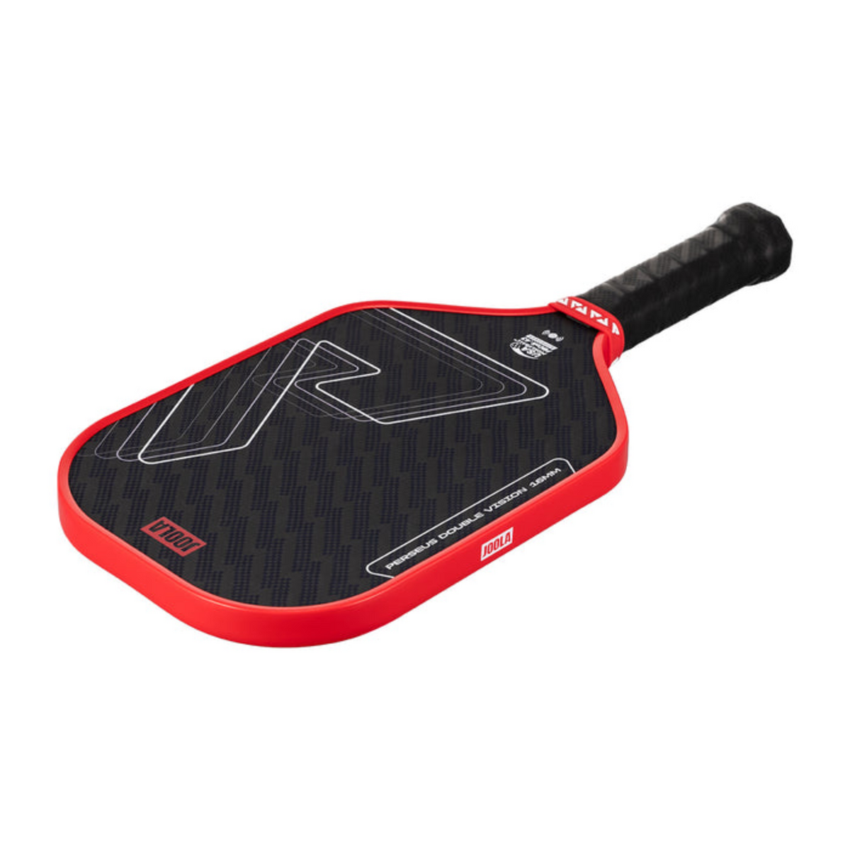 Red and black pickleball paddle on a white background