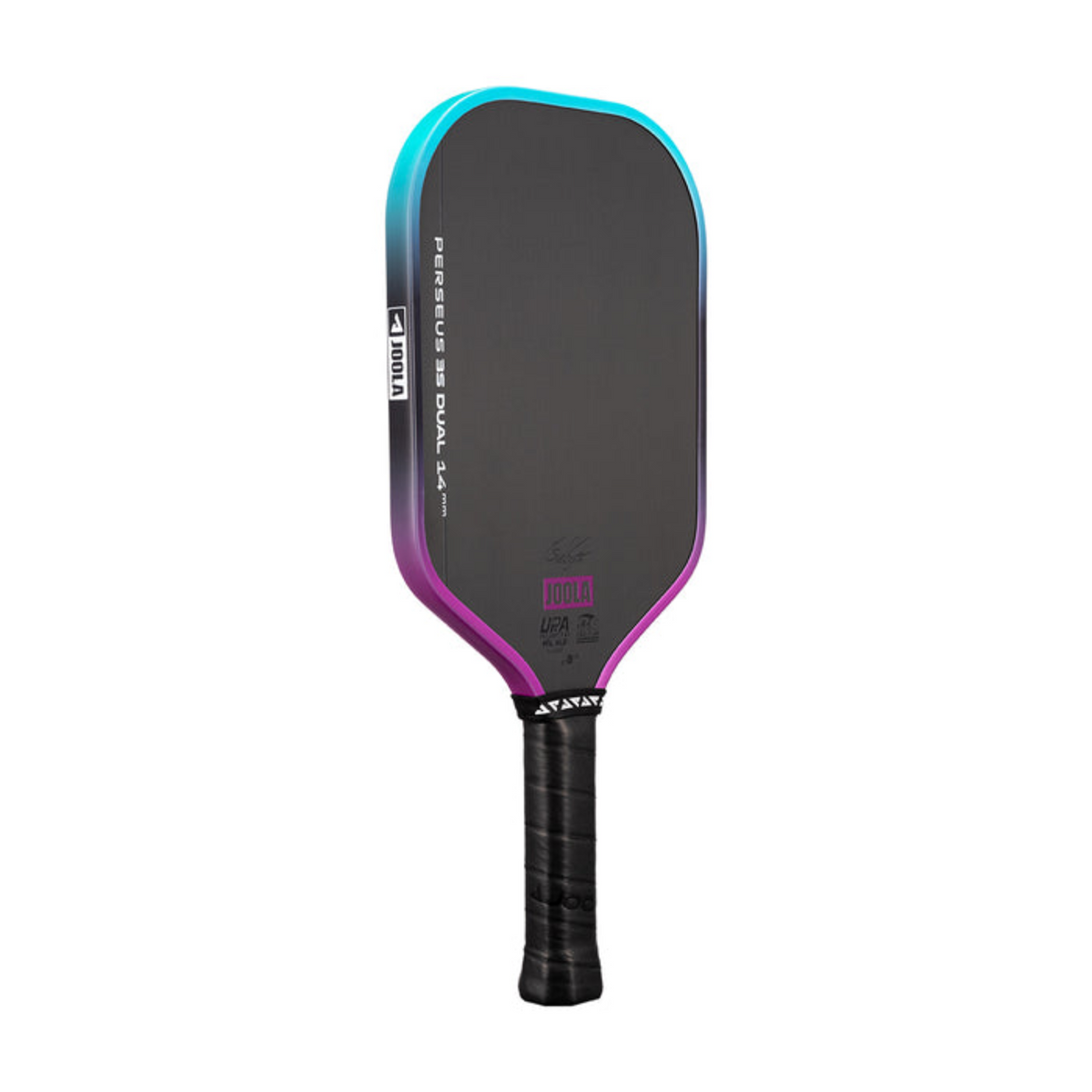 Pickleball paddle with black, purple, and teal design on a white background
