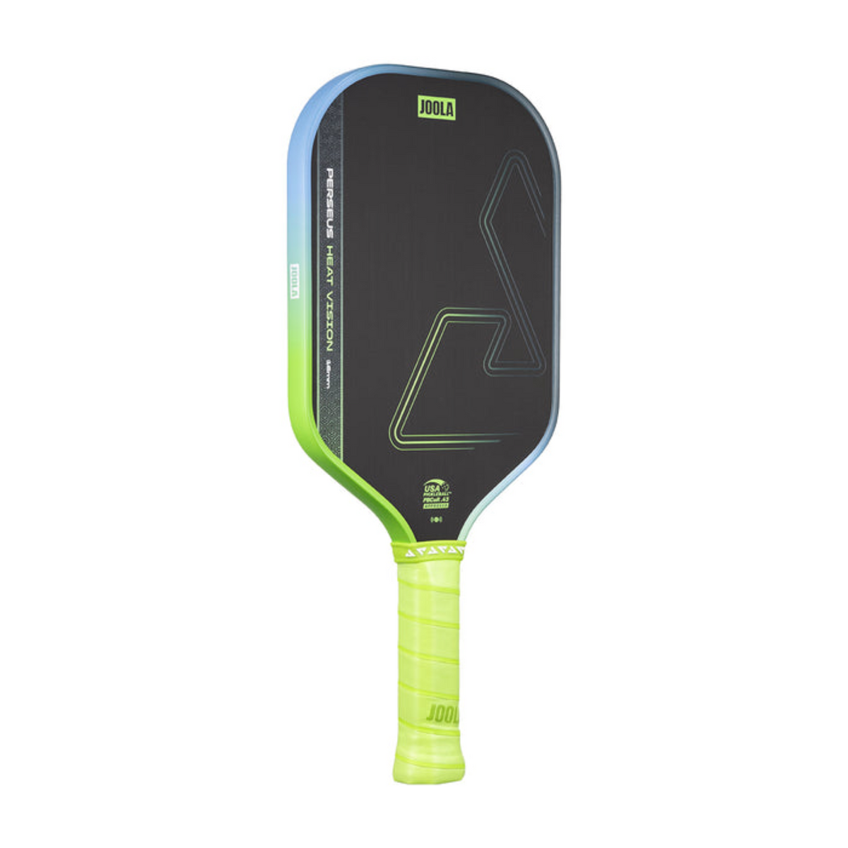 Pickleball paddle with green handle and black face on a white background