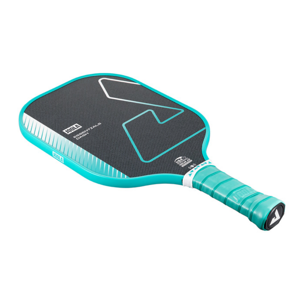 Teal pickleball paddle with black grip on a white background