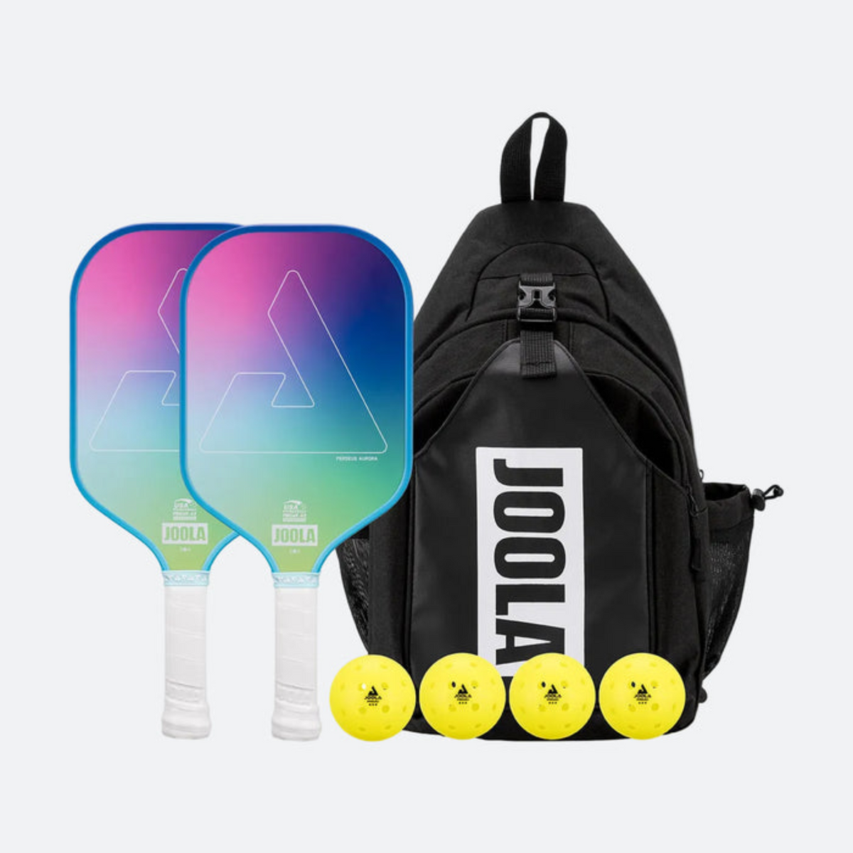 Two pickleball paddles with colorful handles, a black bag, and four yellow balls on a white background.
