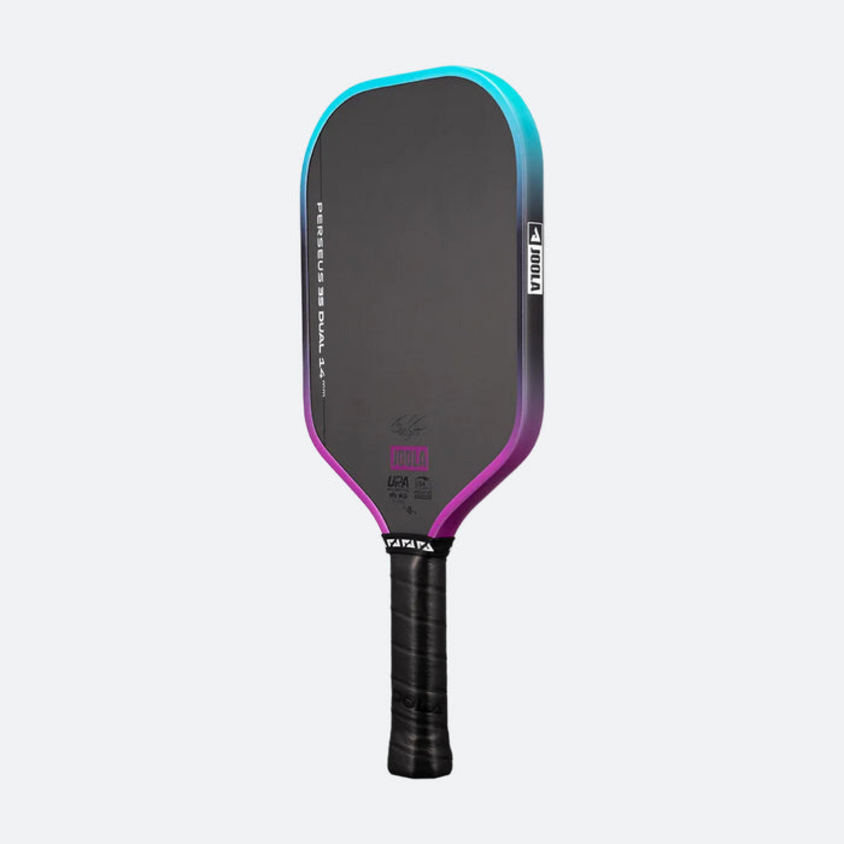 Pickleball paddle with black, purple, and blue design on a light gray background