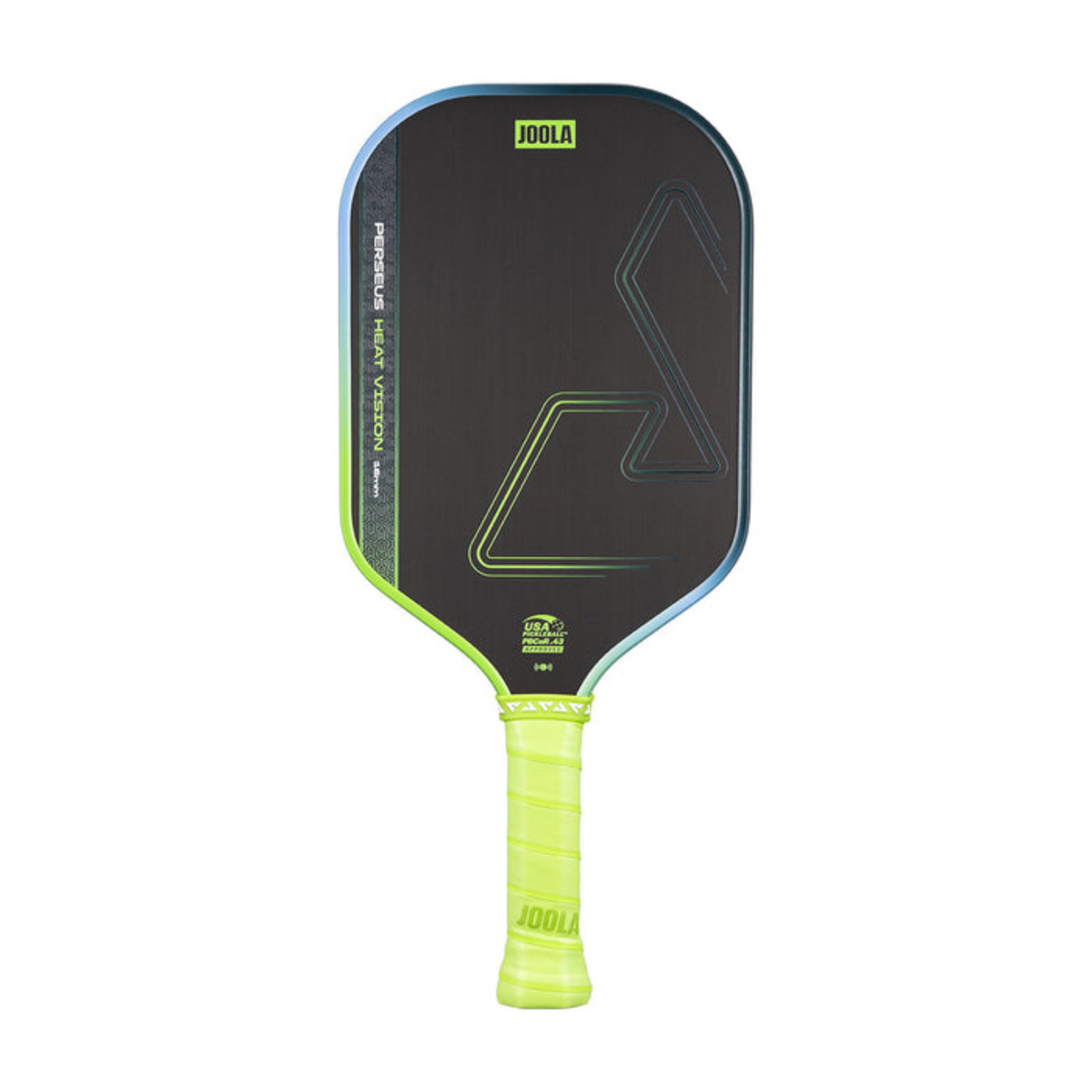 Joola pickleball paddle with black surface and yellow handle on a white background