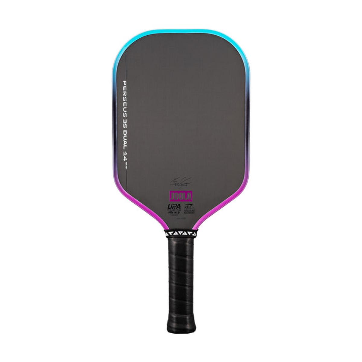 Pickleball paddle with black, pink, and blue design on a white background