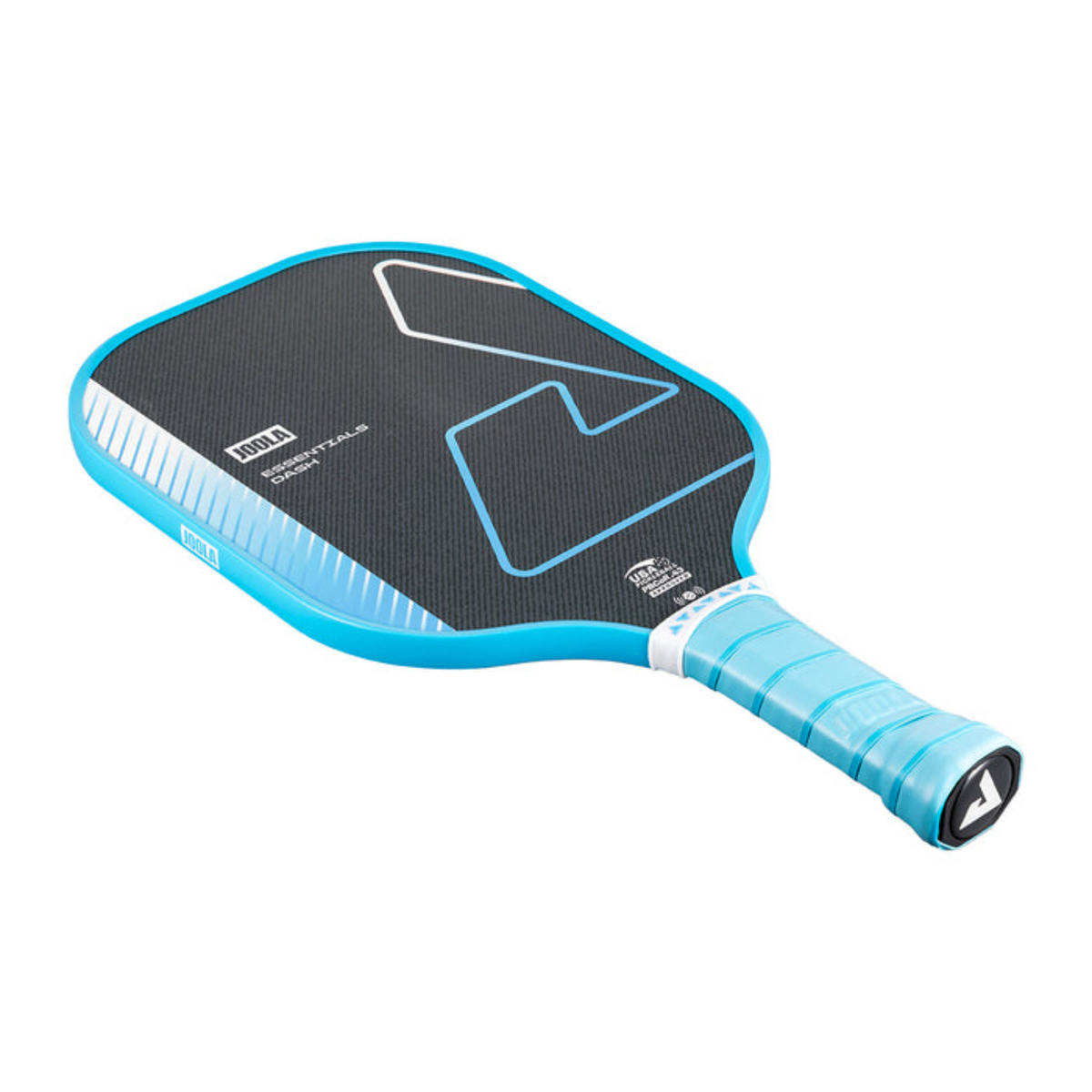 Blue and black pickleball paddle on a white background