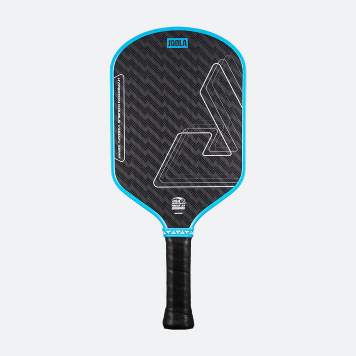 Pickleball paddle with black and blue design on a light gray background