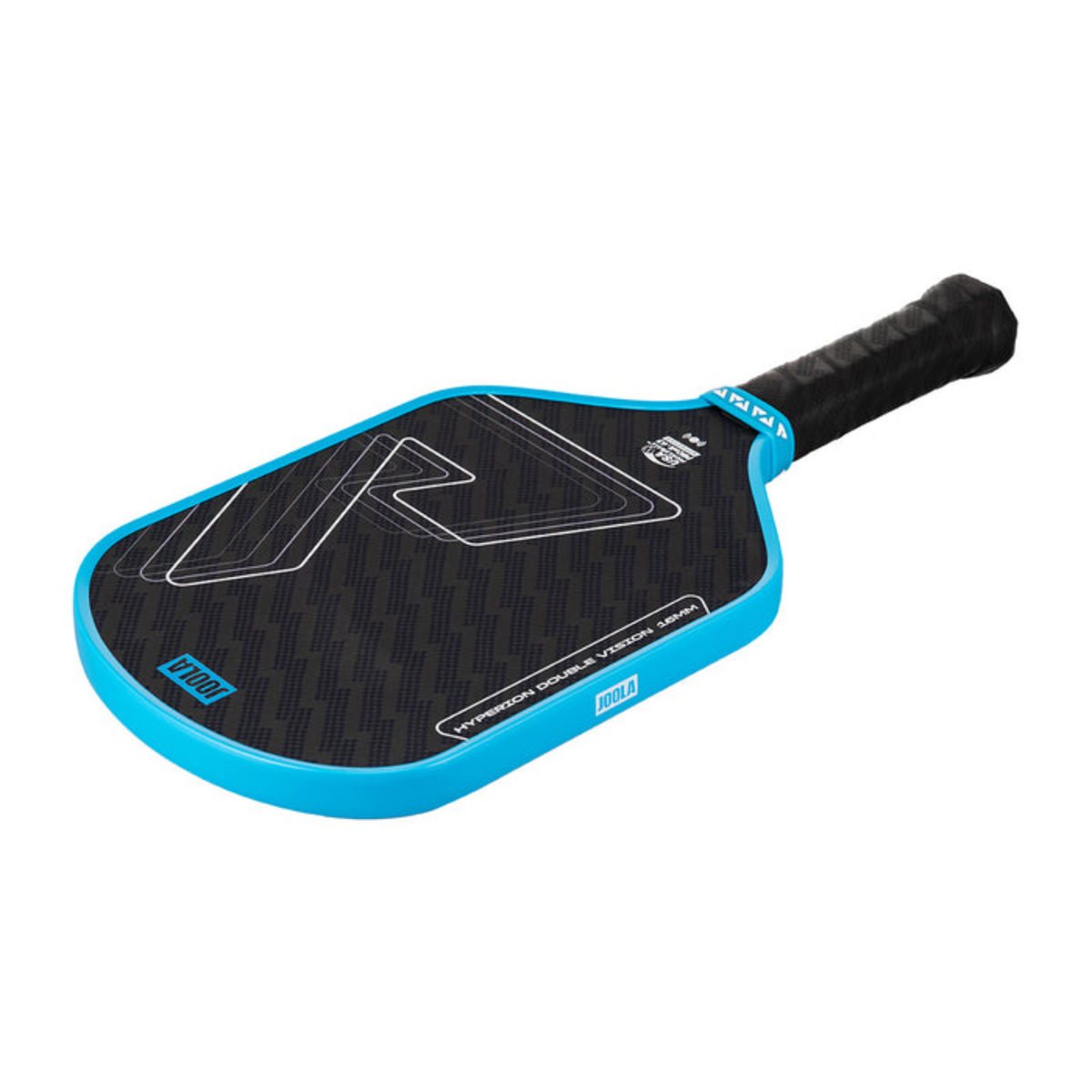 Blue and black pickleball paddle on a white background