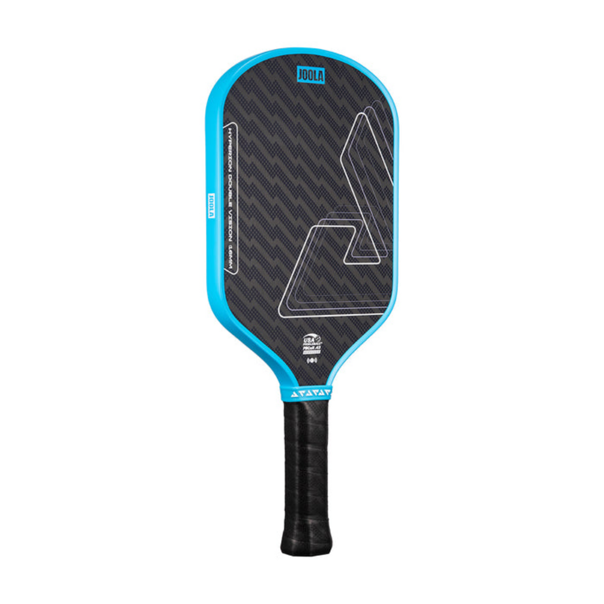 Pickleball paddle with blue rim and black handle on a white background