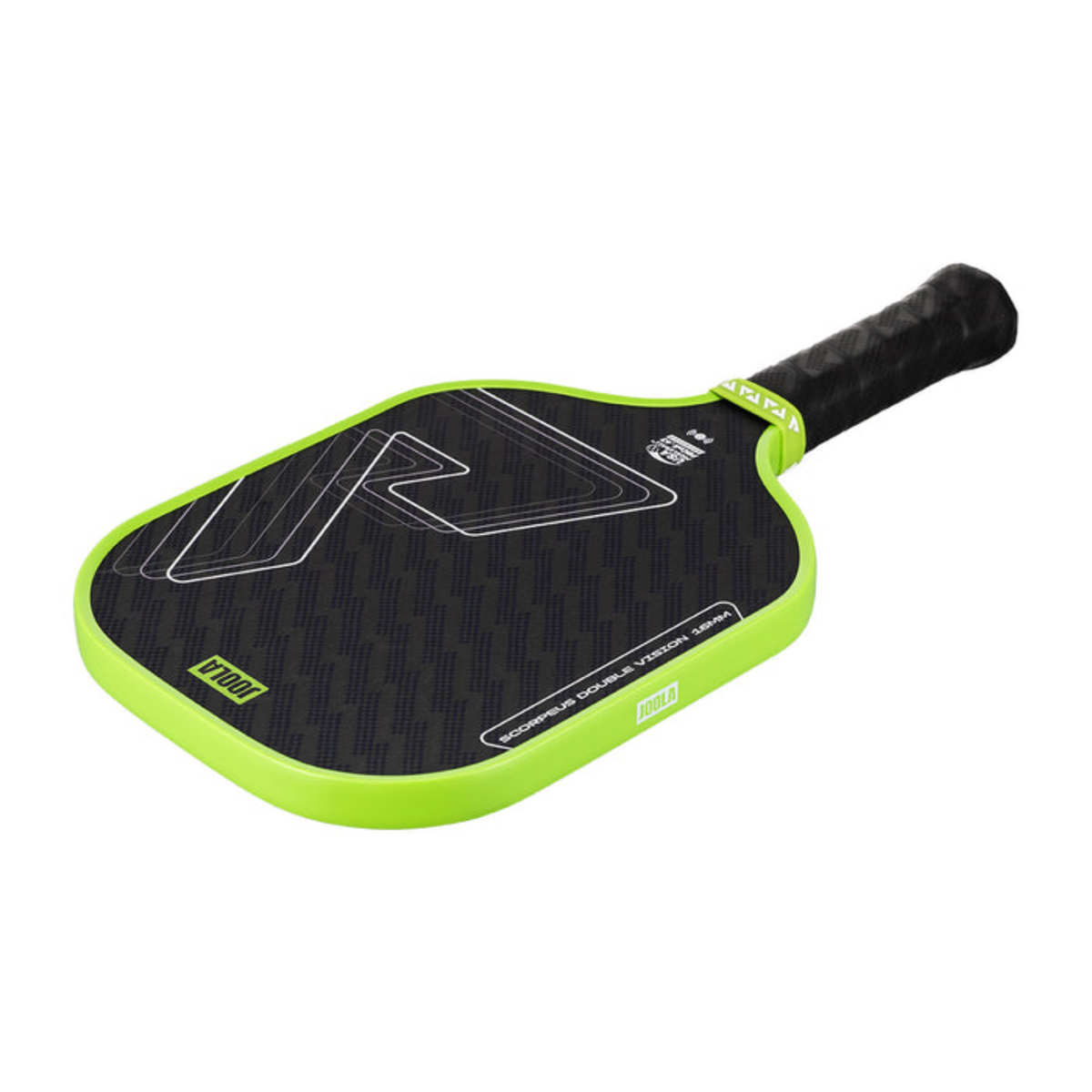 Pickleball paddle with green rim and black surface on a white background