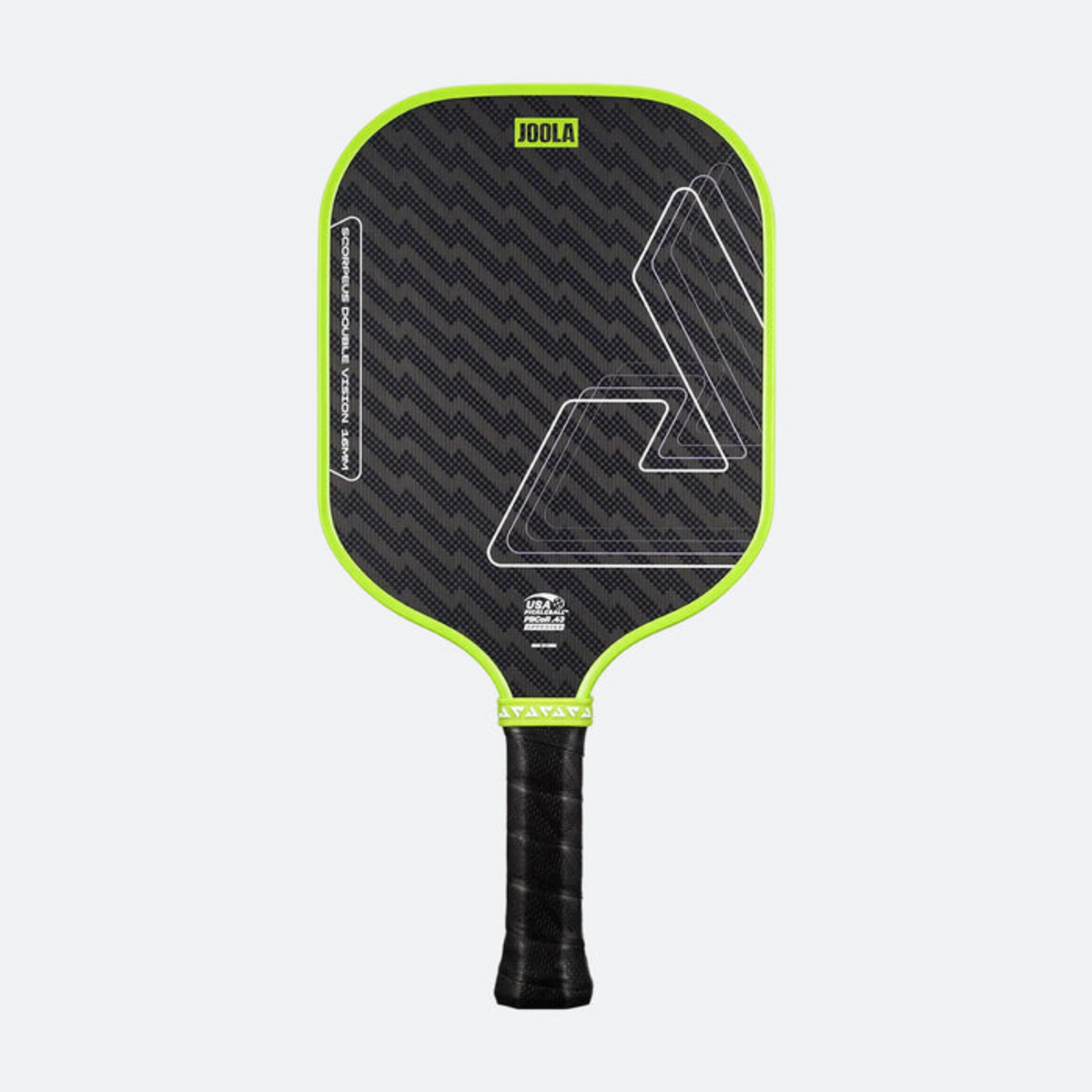 Pickleball paddle with black and green design on a white background