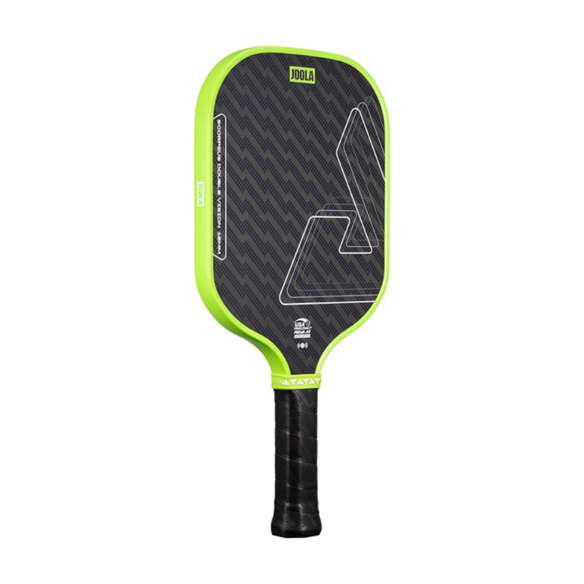 Pickleball paddle with green rim and black surface on a white background