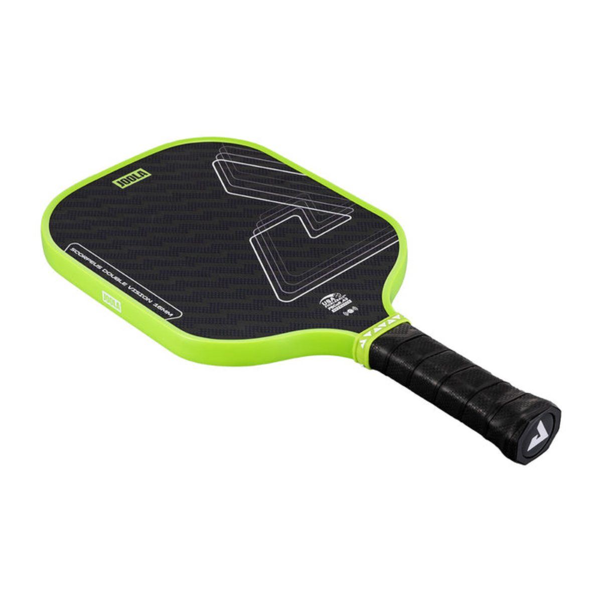 Green and black pickleball paddle on a white background
