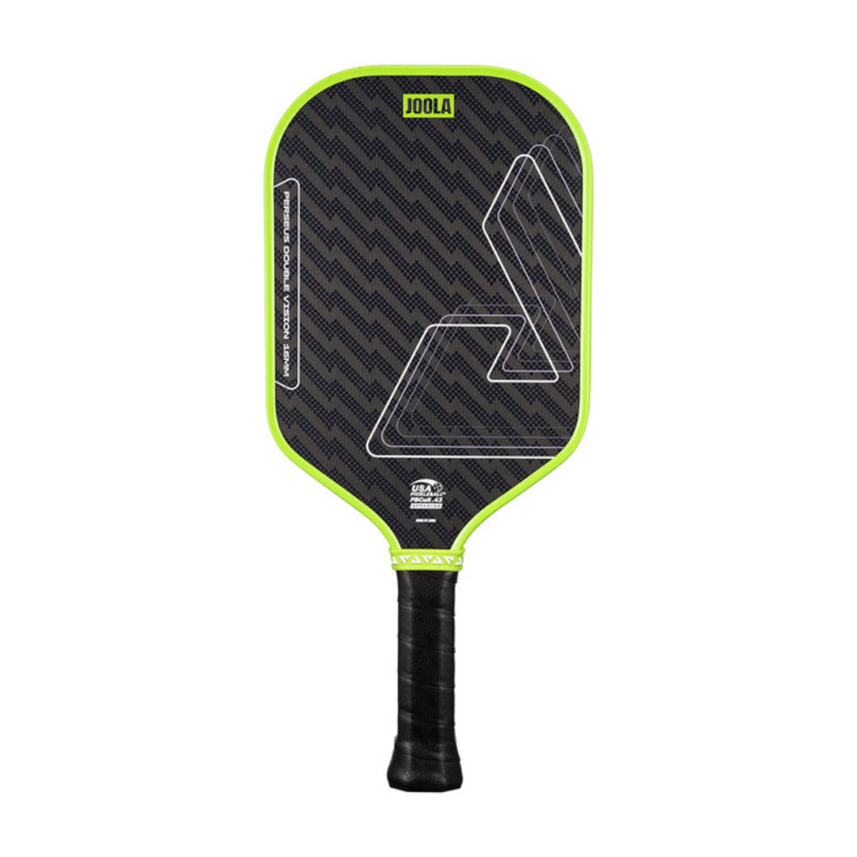 Pickleball paddle with black and green design on a white background
