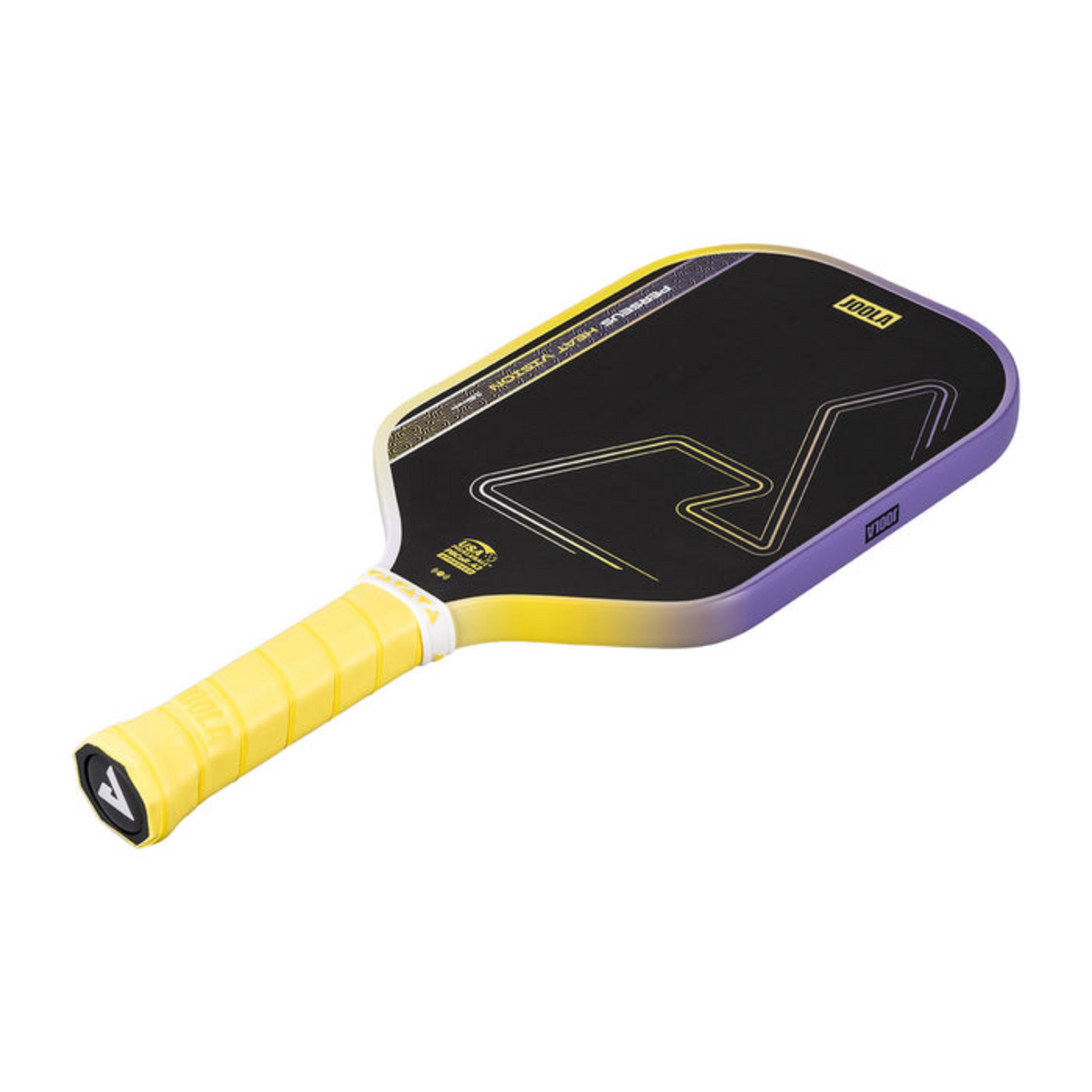 Pickleball paddle with black face and yellow handle on a white background